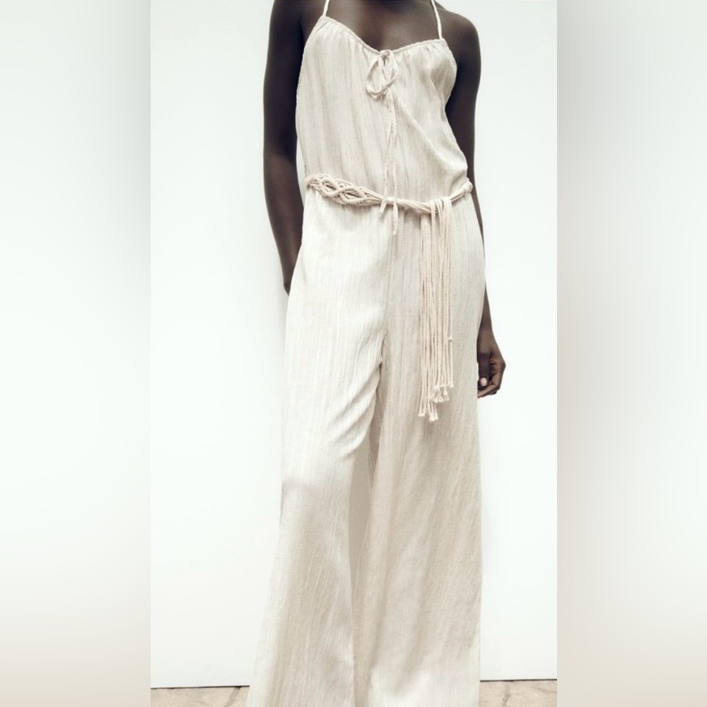 NWT Zara Woman Wide Leg Creased Effect Ecru Jumpsuit Macrame Belted